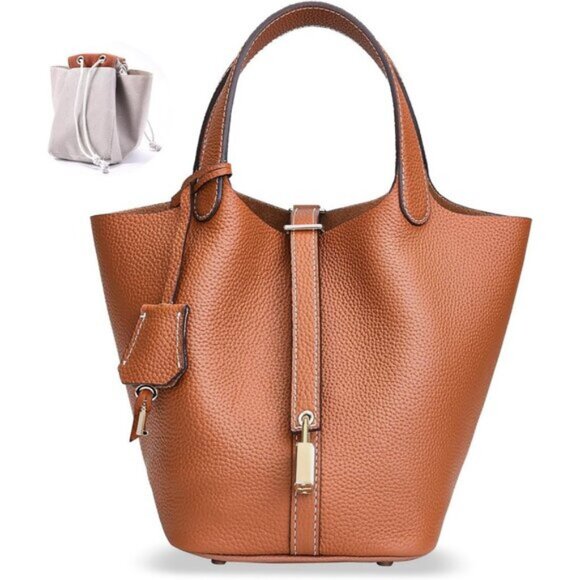 Handbags - ⚡Women 01Brown Trendy Genuine Leather Imported Bucket Bag Tote Top Handle Purses